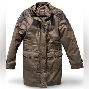 FarWest Brown Hooded Goose Down Coat with Black Leather